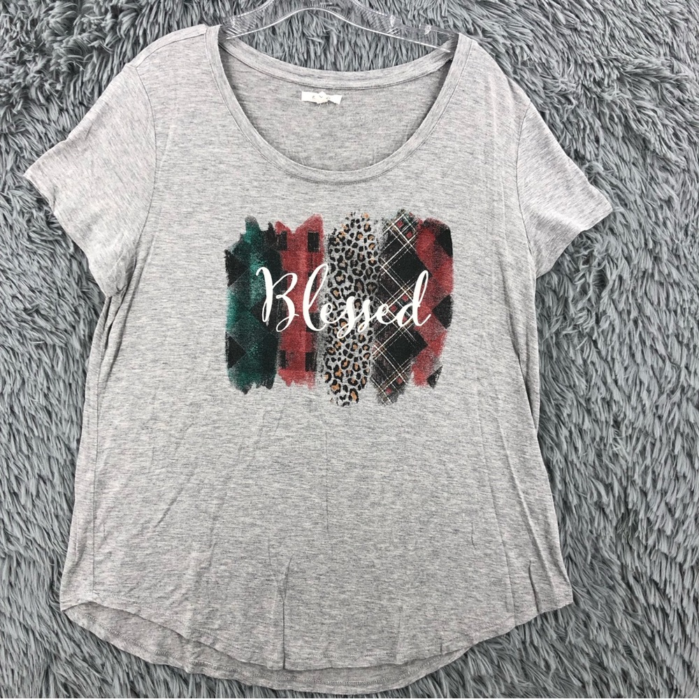 Maurices Shirt Womens Large Blessed Paint Splotch Spellout Gray Top
